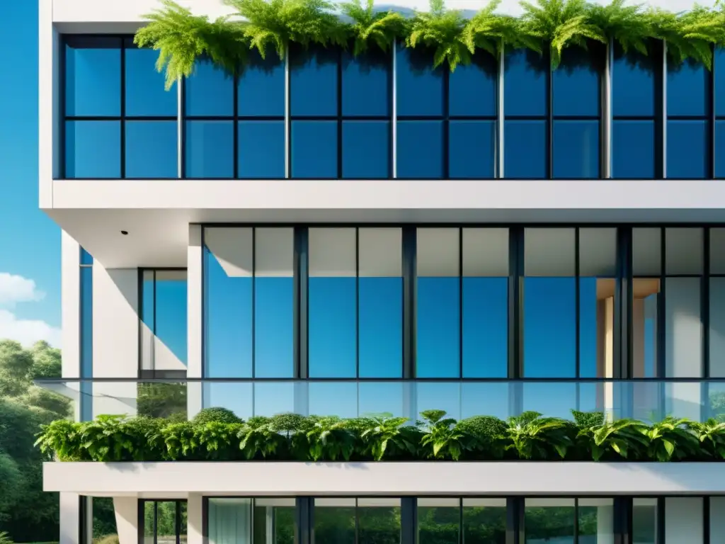 Edificio comercial moderno con paneles solares integrados y vegetación exuberante, reduciendo la huella de carbono en la arquitectura