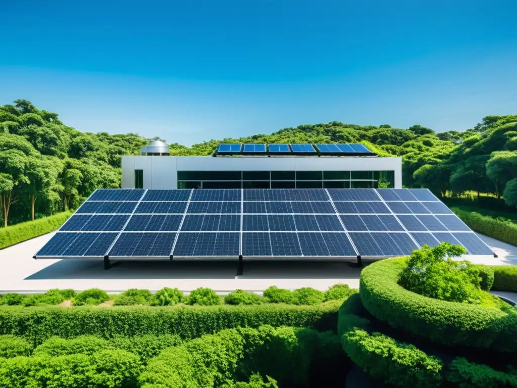 Edificio comercial moderno con paneles solares, rodeado de naturaleza y cielo azul