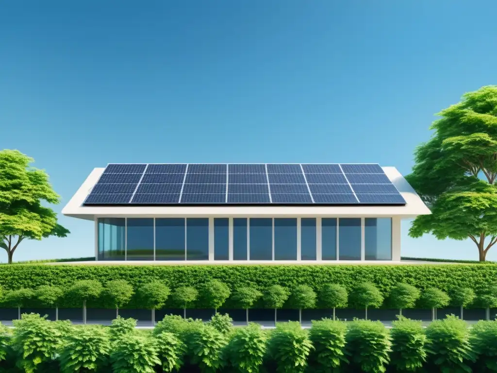 Un edificio comercial moderno rodeado de vegetación con paneles solares en el techo, transmite sostenibilidad y conciencia ambiental