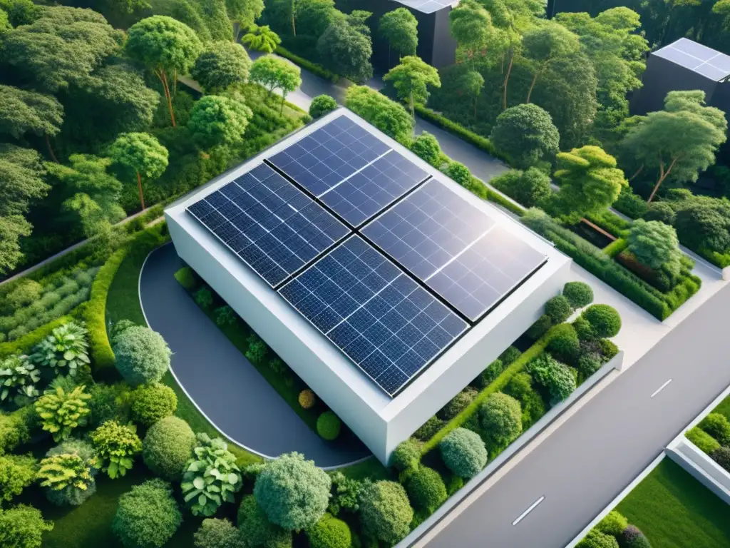 Edificio comercial moderno rodeado de exuberante vegetación, con paneles solares en el techo y jardín ecológico