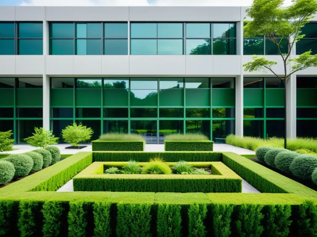 Edificio comercial moderno rodeado de exuberantes jardines, evocando entornos verdes comerciales sostenibles