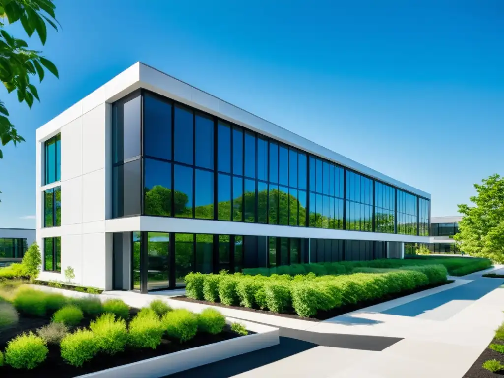 Un edificio comercial moderno rodeado de exuberante vegetación, paneles solares y un cielo azul