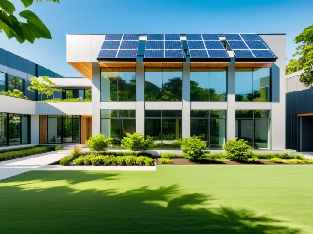Edificio comercial moderno con sistemas ecoamigables y paneles solares, rodeado de exuberante vegetación