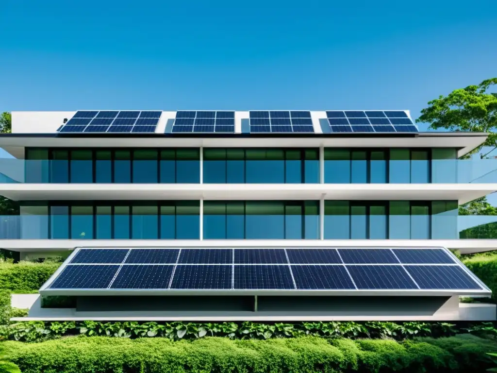 Edificio comercial moderno con sistemas ecoamigables integrados en su diseño, resaltando su naturaleza sostenible y moderna