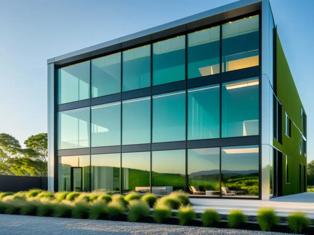 Edificio comercial moderno y sostenible con pared verde y ventanales, armonía con entorno natural