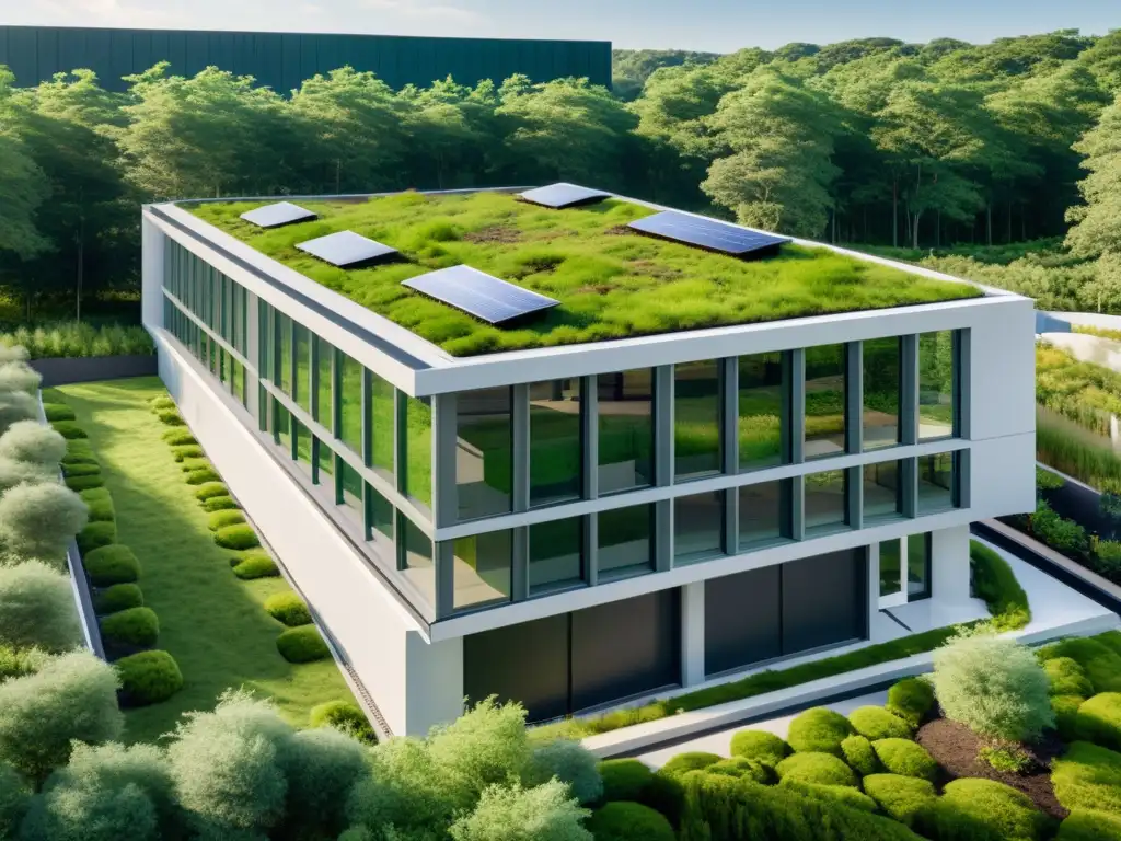 Edificio comercial moderno con techo verde y diseño sostenible que integra estrategias de calidad de aire interior en espacios comerciales