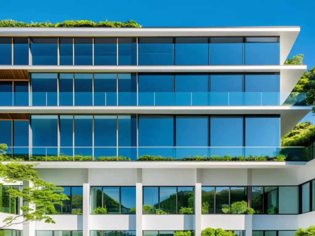 Edificio comercial moderno con tecnología sostenible para edificios inteligentes y armonía con la naturaleza