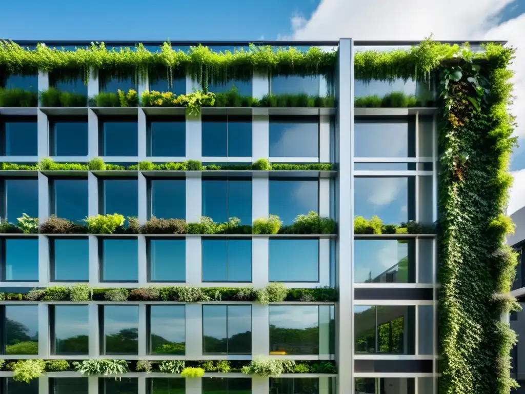 Edificio comercial moderno con ventanales de piso a techo, rodeado de vegetación, destacando materiales sostenibles en su diseño