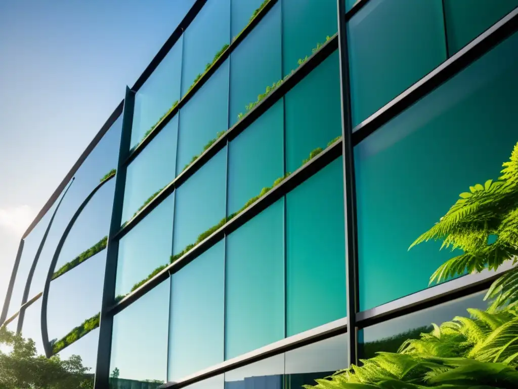 Edificio comercial moderno de vidrio con diseño sostenible, rodeado de vegetación, reflejando rascacielos