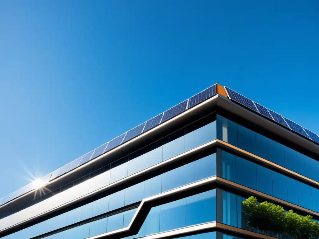 Edificio comercial con paneles solares integrados, reflejando la integración de energías renovables en arquitectura comercial bajo un cielo azul claro