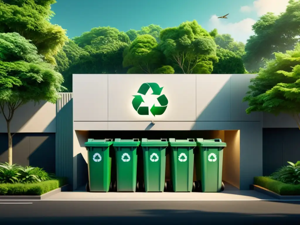 Edificio comercial con prácticas sostenibles gestión residuos, rodeado de exuberante vegetación