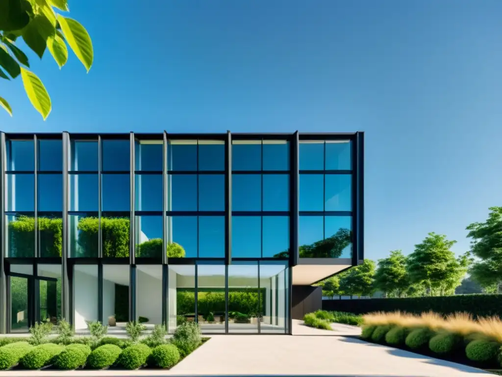 Edificio comercial sostenible con orientación eficiente, rodeado de jardines cuidados y paneles solares, reflejando modernidad y naturaleza