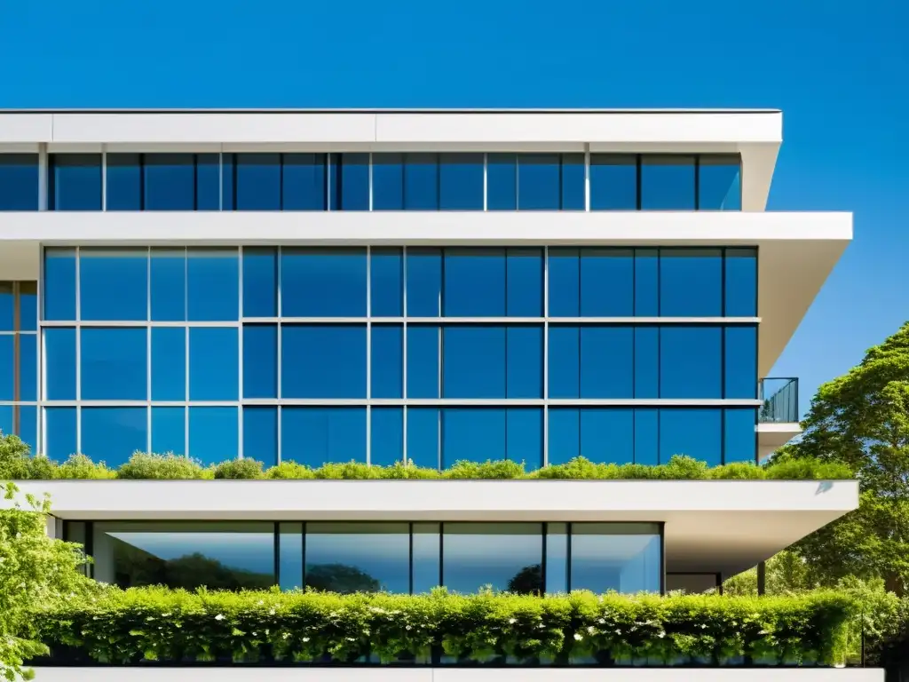 Edificio comercial sostenible con orientación estratégica para capturar luz natural, rodeado de vegetación y paneles solares