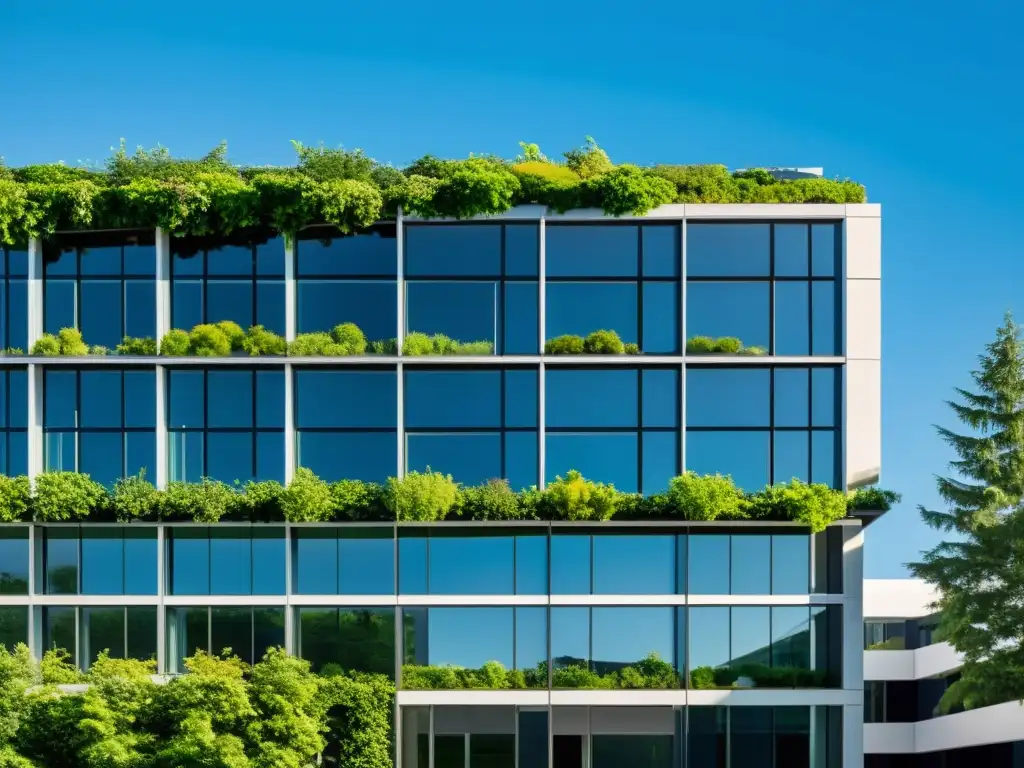 Edificio comercial sostenible con paneles solares, techos verdes y diseño moderno integrado con la naturaleza