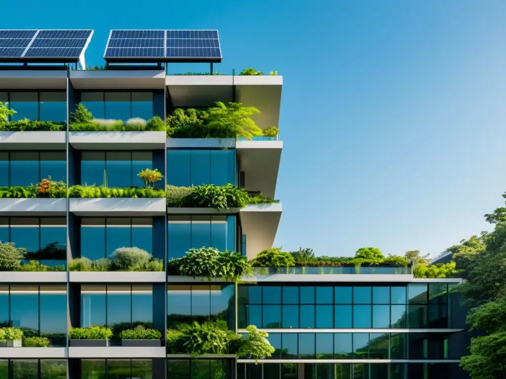 Edificio comercial sostenible con paneles solares, muros verdes y diseño futurista integrado con la naturaleza