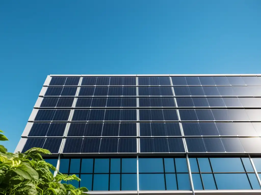 Edificio comercial sostenible con paneles solares, vegetación integrada y diseño contemporáneo, bajo cielos azules