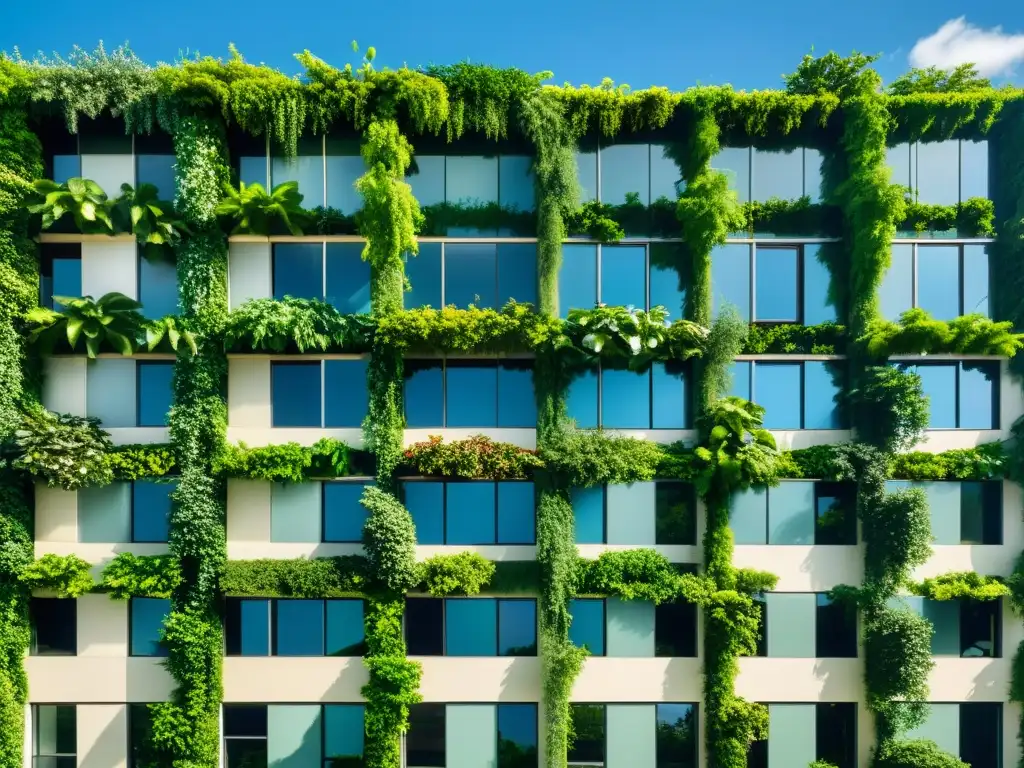 Edificio comercial transformado en espacio verde con exuberante vegetación, creando armonía urbana y natural