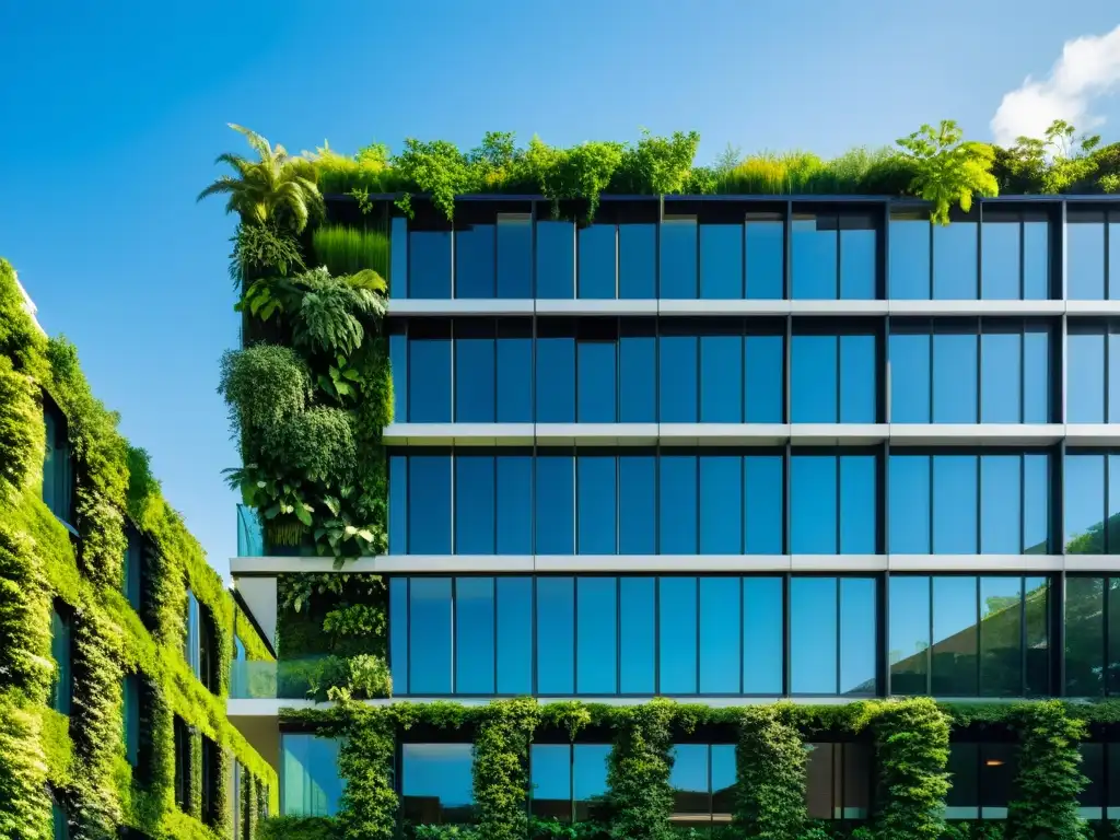 Edificio comercial transformado en espacio verde sostenible, fusionando naturaleza y arquitectura en entorno urbano