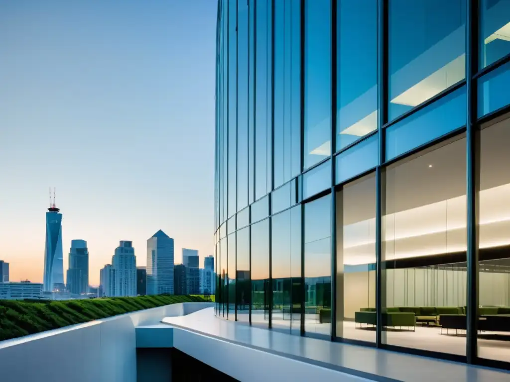 Edificio comercial ultramoderno con fachada de vidrio, reflejando la ciudad