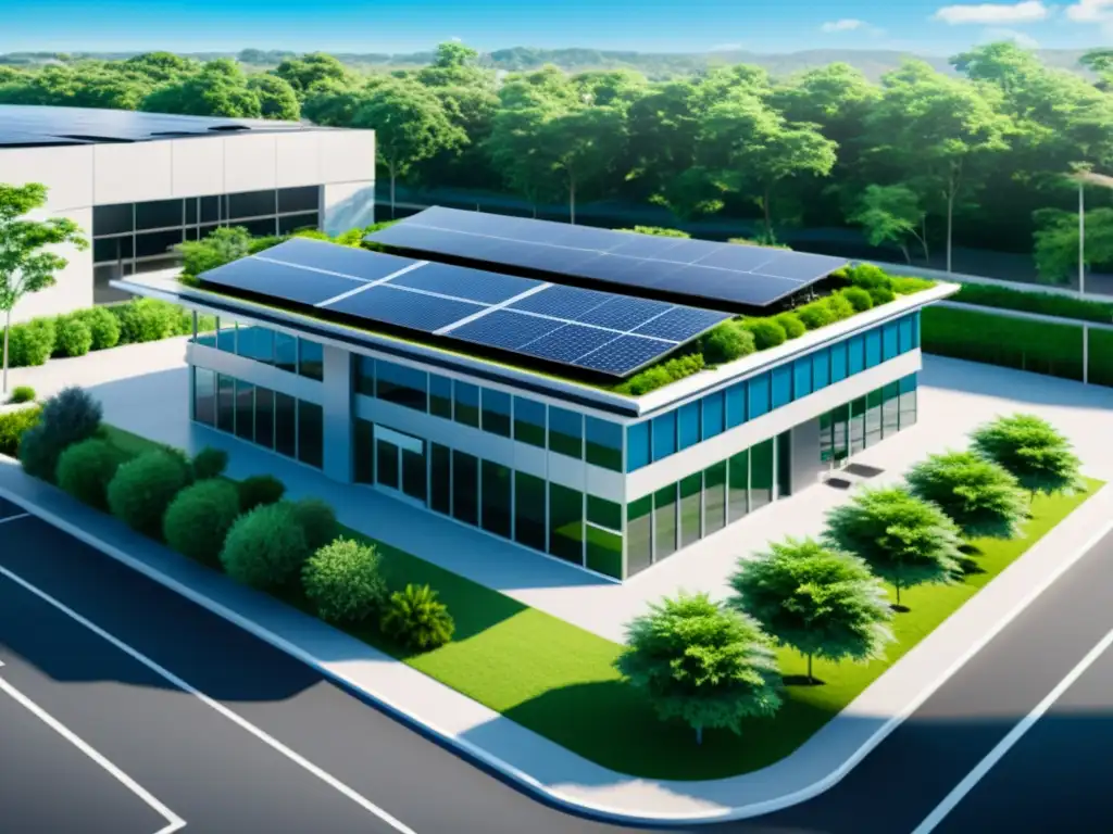 Edificio ecoamigable con paneles solares y estación de carga para autos eléctricos, rodeado de exuberante vegetación