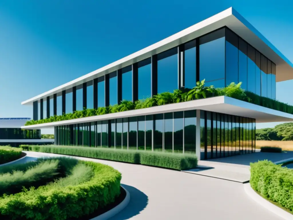 Edificio ecológico moderno con paneles solares, rodeado de vegetación