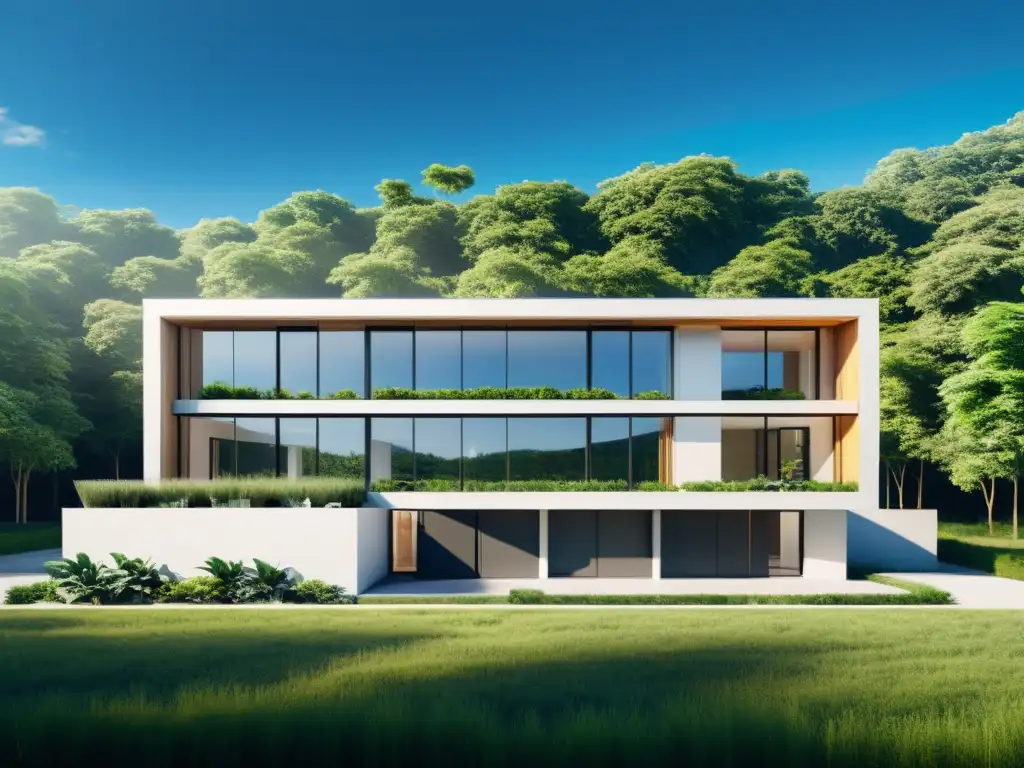 Edificio ecológico moderno rodeado de vegetación, con paneles solares y diseño minimalista