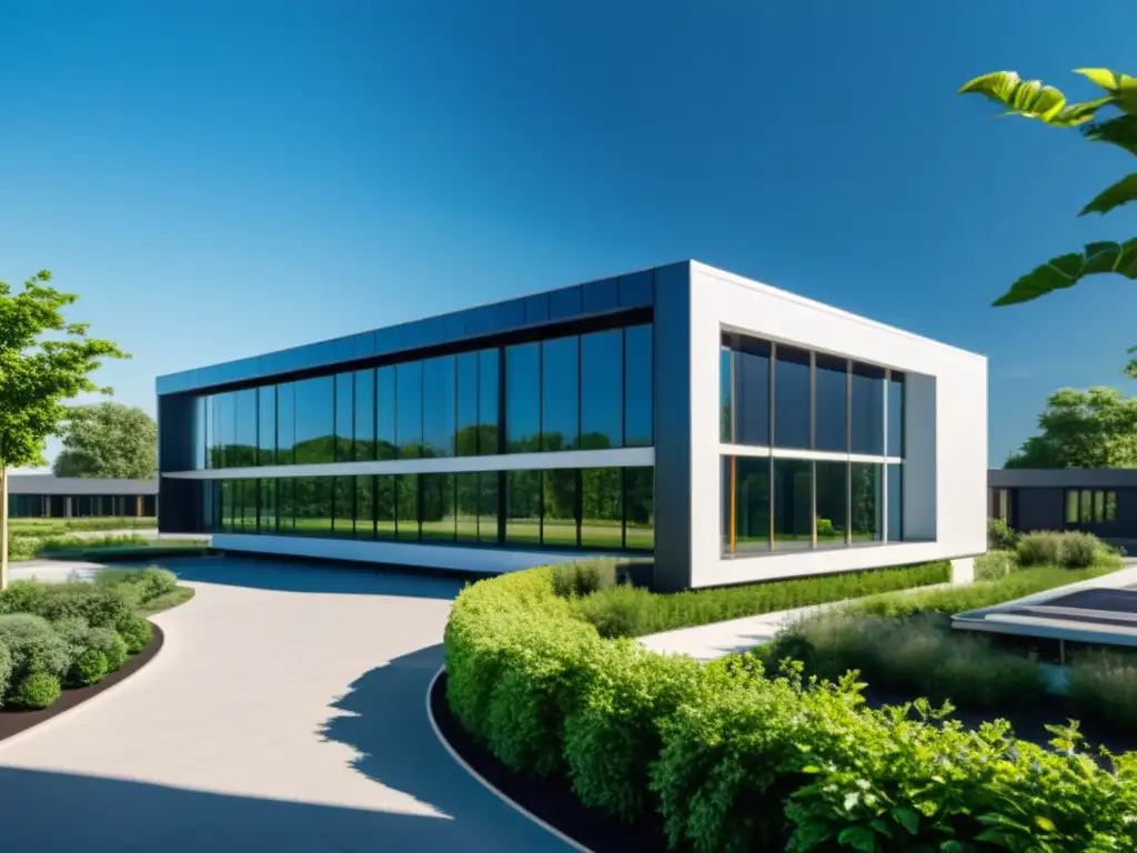 Edificio ecológico con paneles solares, rodeado de exuberante vegetación y cielo azul