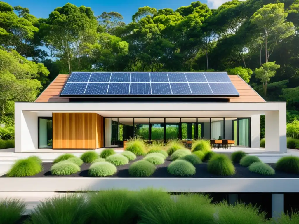Edificio ecológico rodeado de vegetación, con paneles solares y diseño sostenible