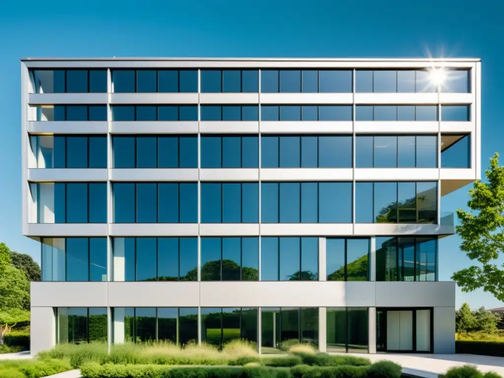 Edificio moderno con diseño ecológico, grandes ventanas y espacios verdes