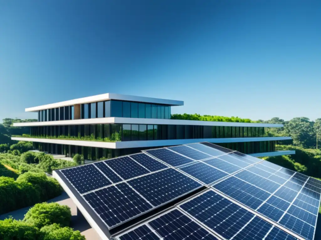 Edificio moderno con paneles solares, rodeado de vegetación y cielos despejados