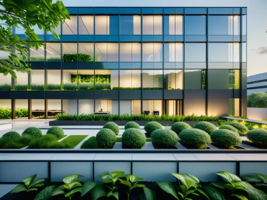 Edificio moderno con paneles de vidrio reflectante y jardín en la azotea