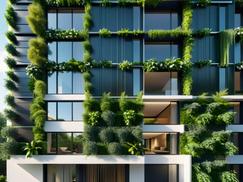 Edificio moderno con pared verde y tecnología sostenible para edificios inteligentes