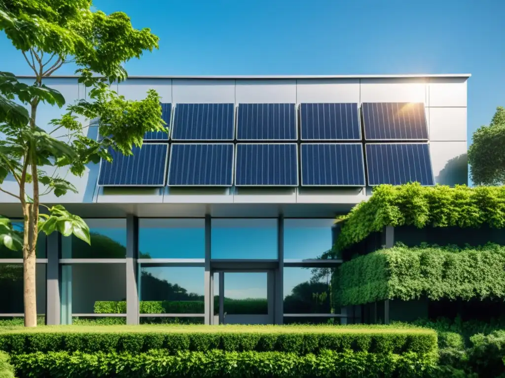 Edificio moderno rodeado de naturaleza, con paneles solares en el techo y jardines sostenibles, reflejando marcas sostenibles líderes en verde