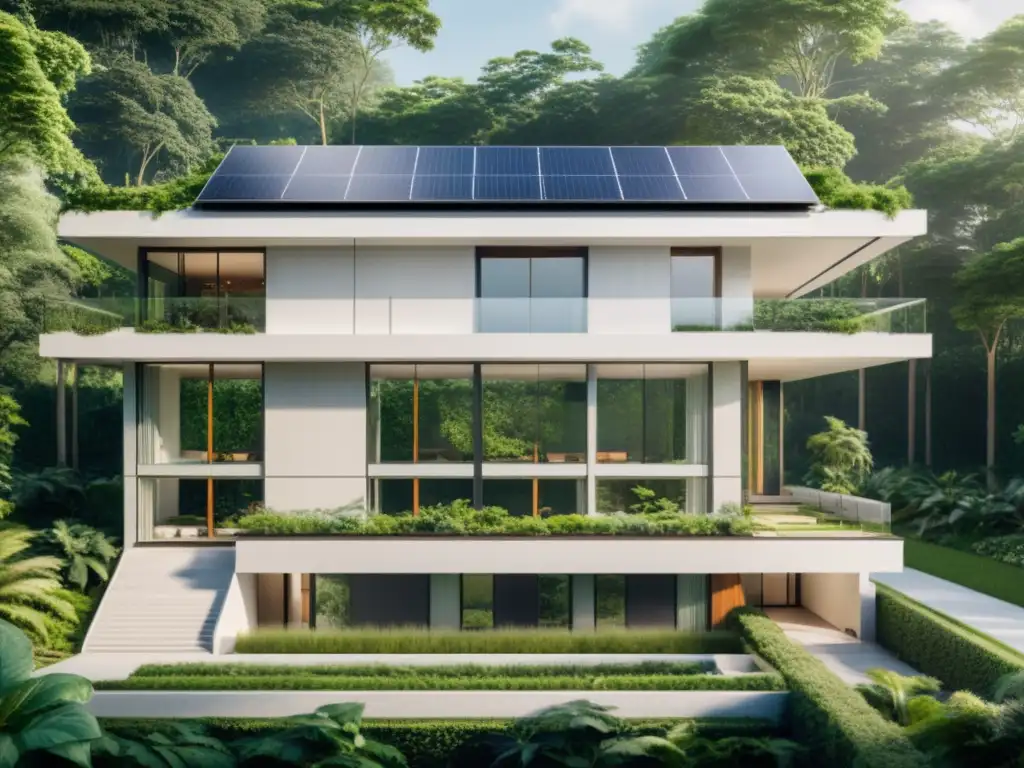 Edificio moderno rodeado de naturaleza, con paneles solares