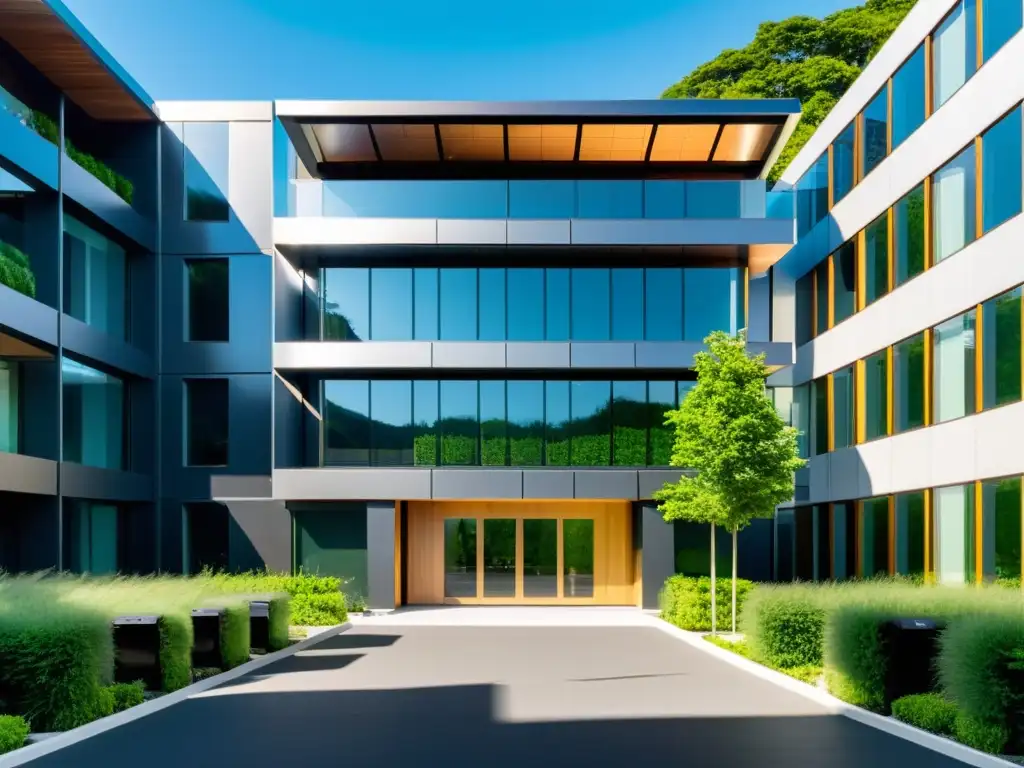 Edificio sustentable rodeado de naturaleza Edificio de oficinas moderno con paneles solares y áreas verdes
