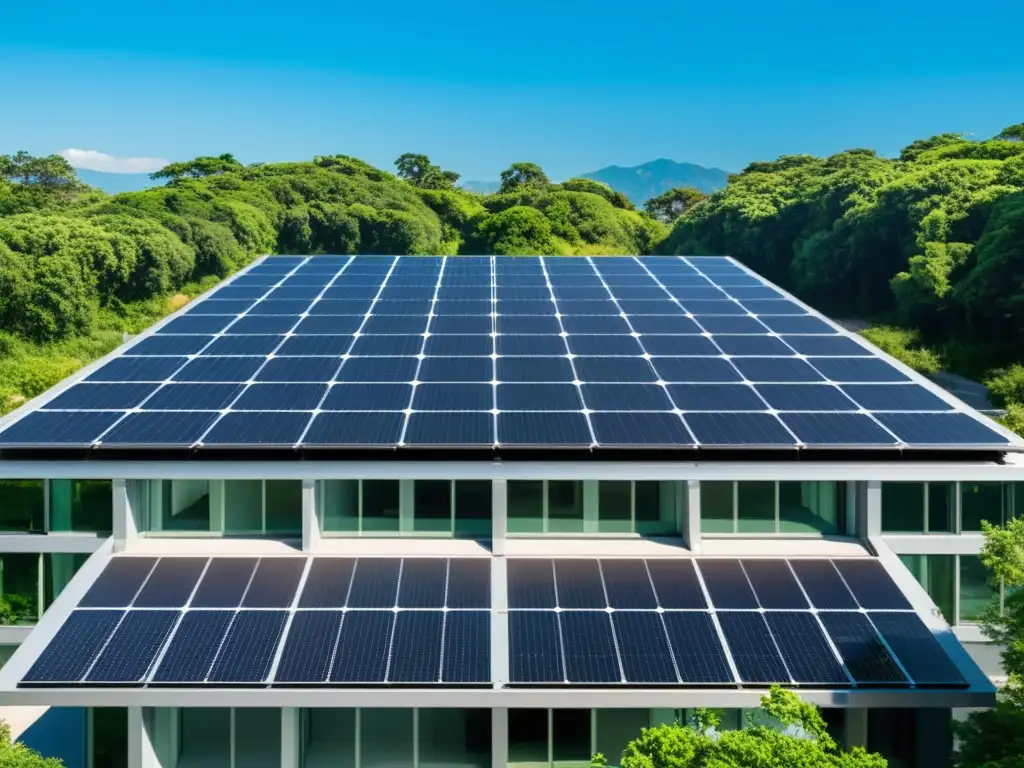 Edificio de oficinas moderno con paneles solares, rodeado de vegetación y cielos despejados, transmitiendo sostenibilidad en empresas verdes