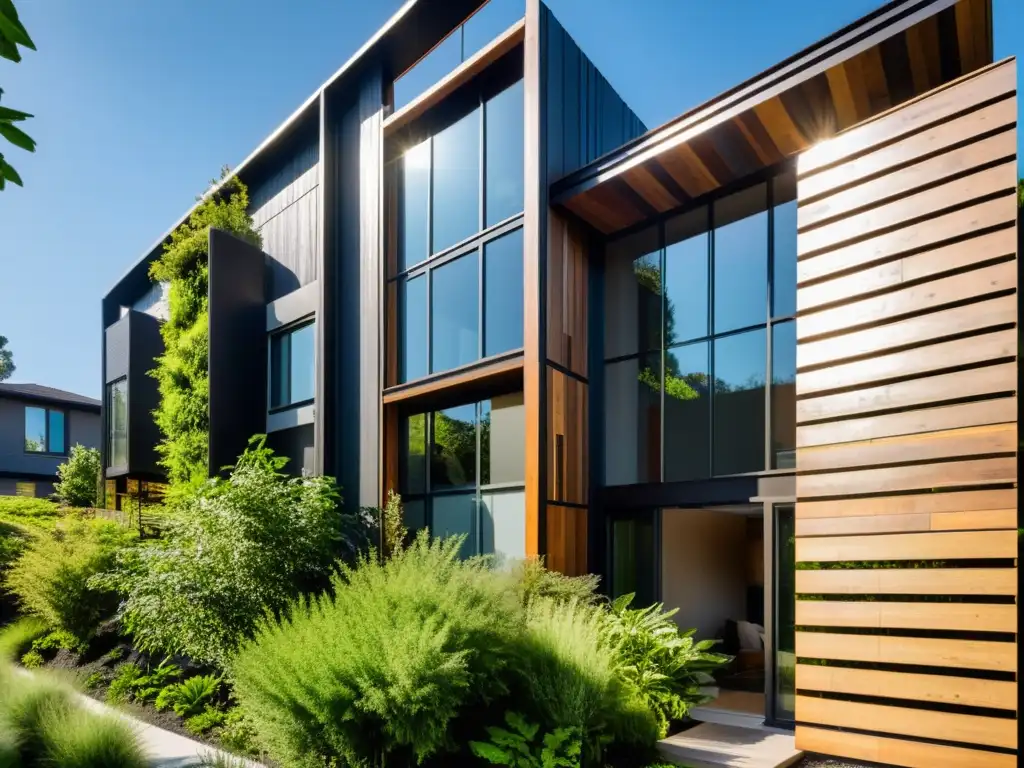 Edificio residencial moderno con fachada sostenible de materiales reciclados