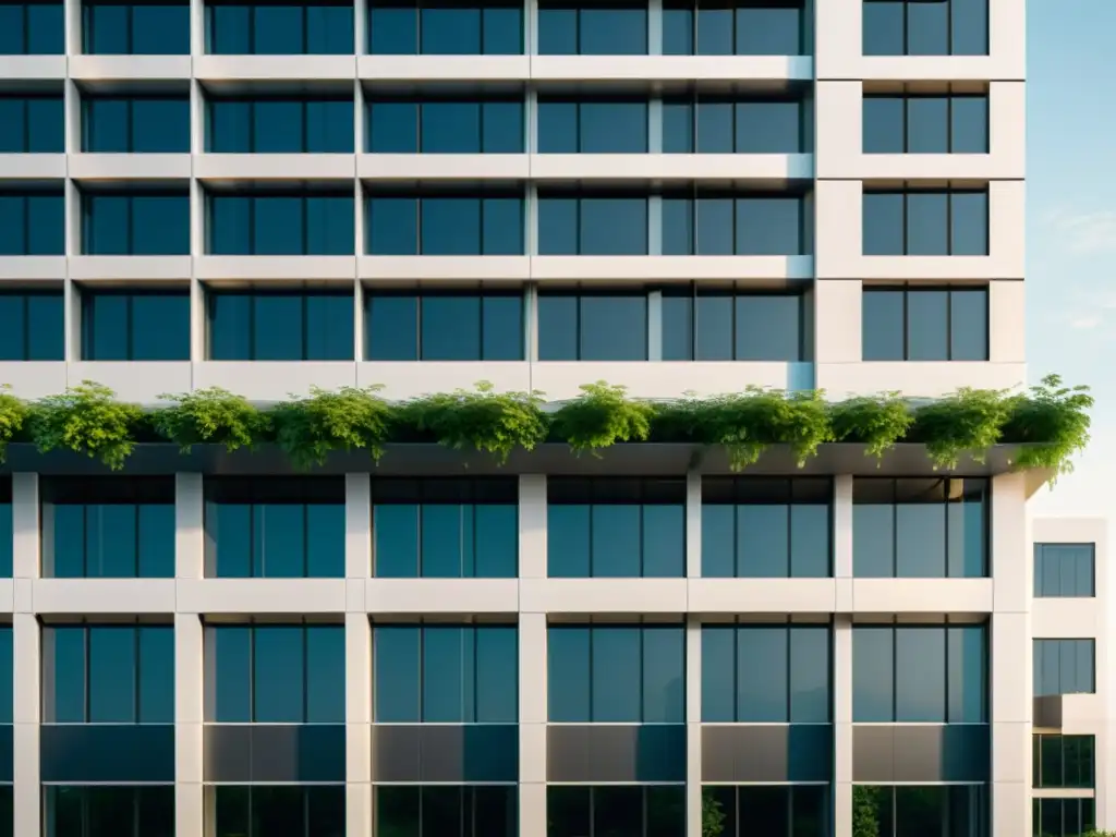 Operación de edificios comerciales ecológicos: moderno edificio con paneles solares, vegetación exterior y diseño contemporáneo