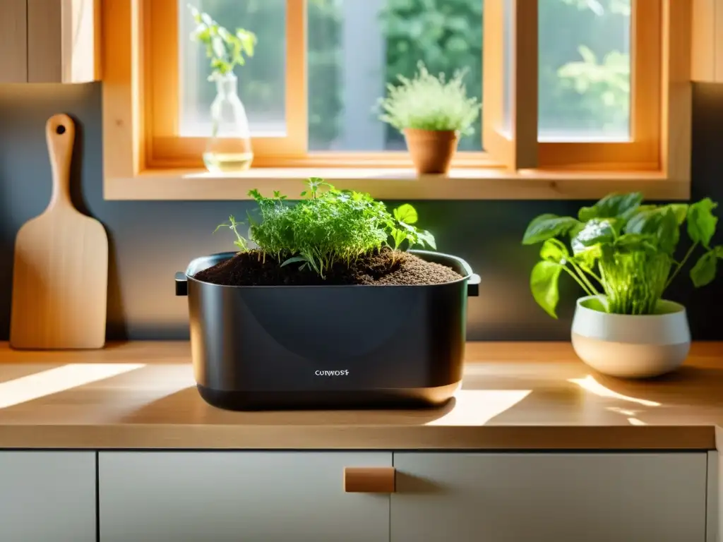 Un elegante compostador en una cocina moderna con hierbas y bolsas ecológicas