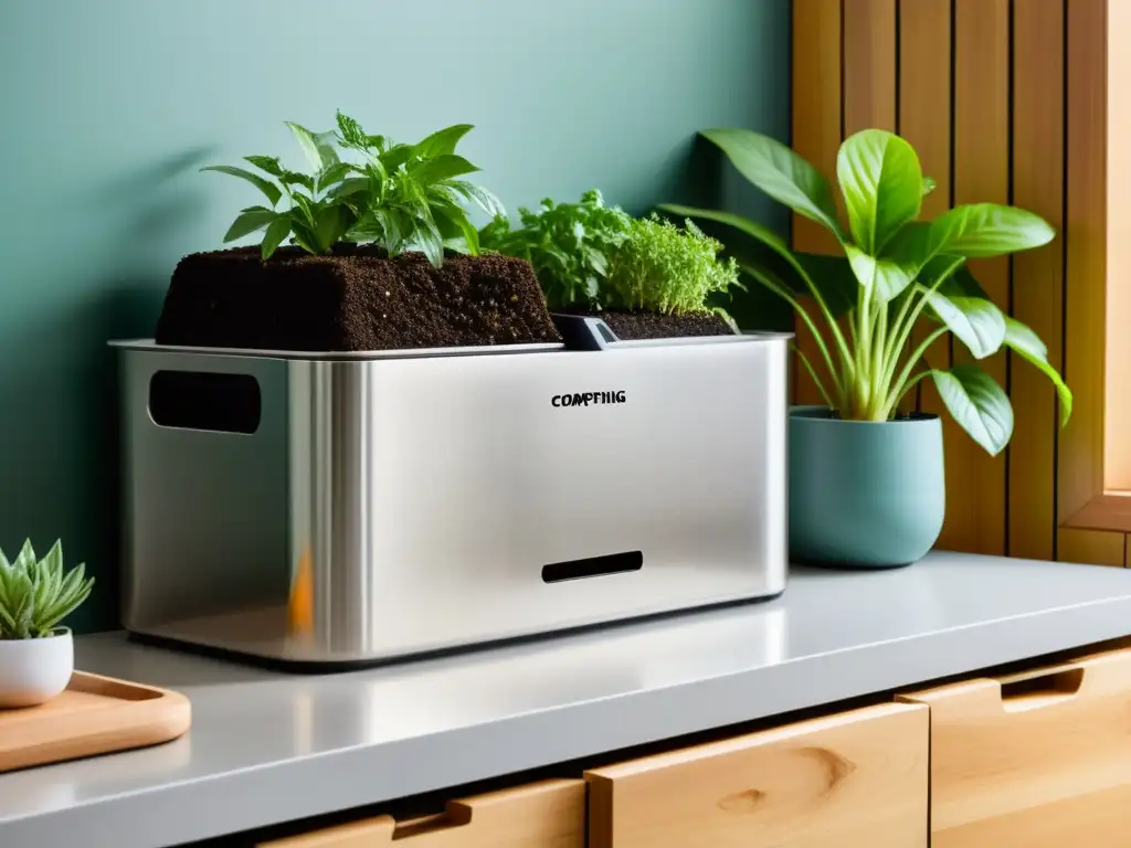 Compostaje urbano: estilo y sostenibilidad en espacios reducidos Un elegante compostador urbano en casa con plantas y jardín de hierbas