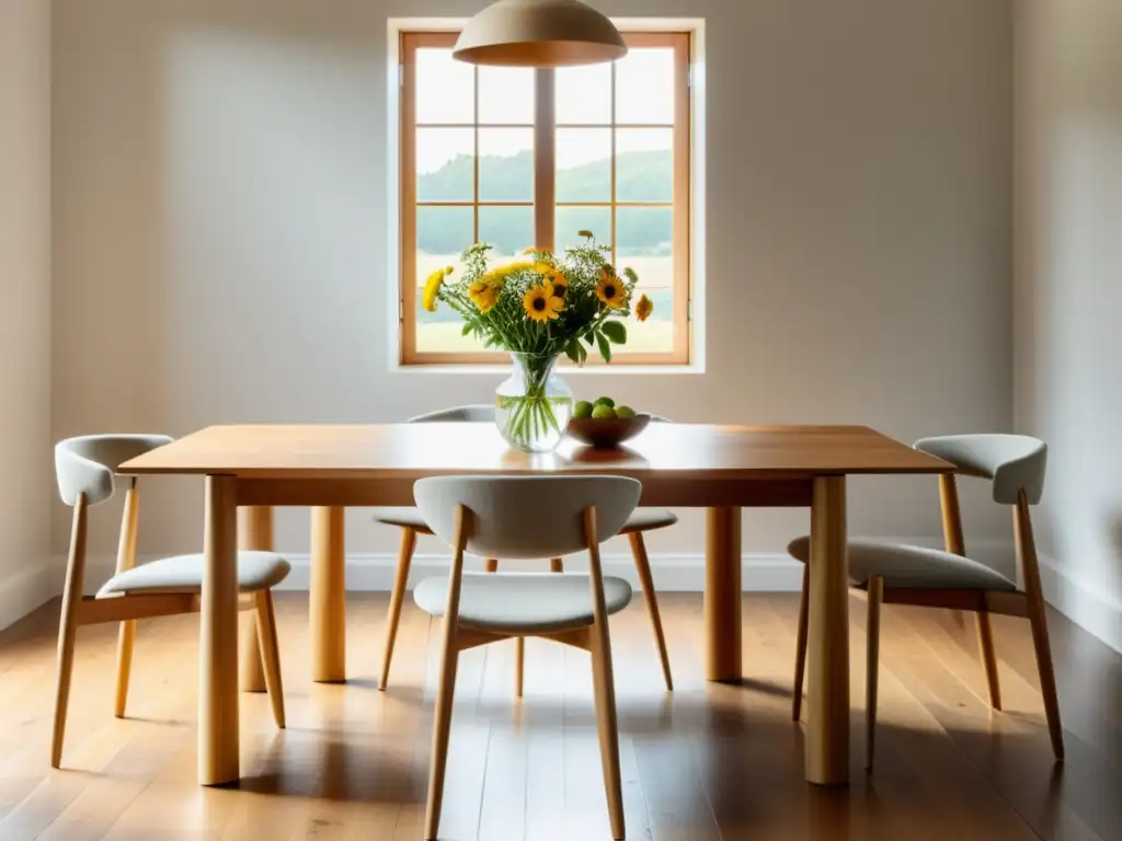 Un elegante conjunto de mesa y sillas de madera sostenible en un luminoso comedor, resaltando la belleza de los muebles sostenibles hogar