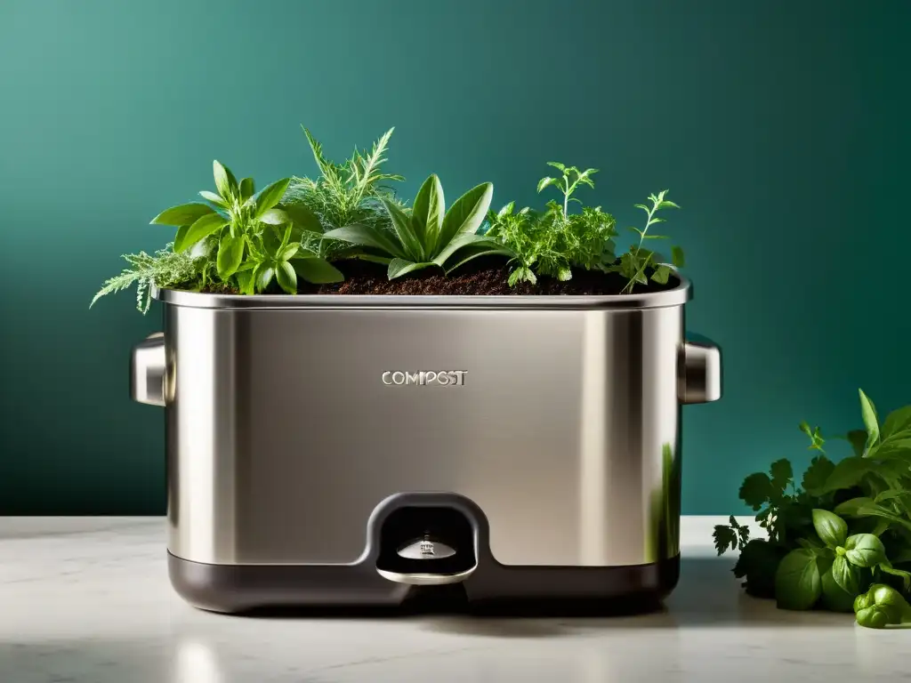 Un elegante contenedor de compost de acero inoxidable en una cocina, rodeado de hierbas frescas