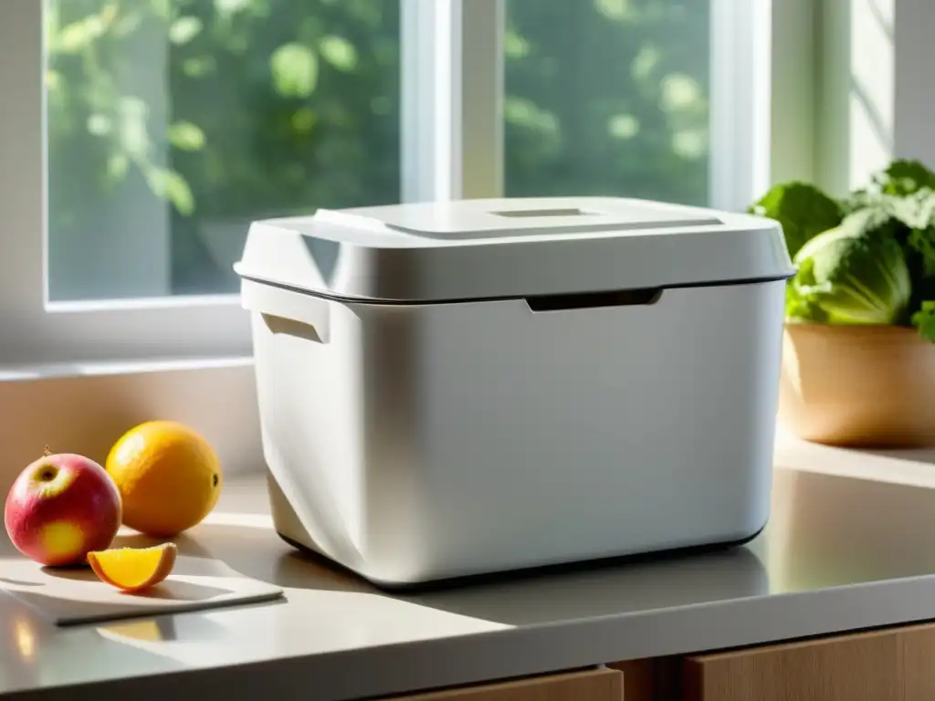 Un elegante contenedor de compost blanco en una encimera de cocina, con restos de frutas y verduras