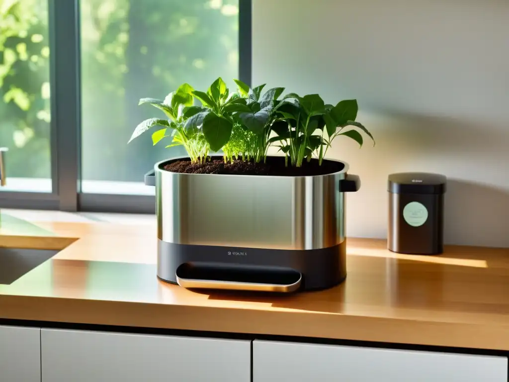 Compostaje diario: belleza en la cocina Un elegante contenedor de compostaje de acero inoxidable en una encimera soleada de la cocina