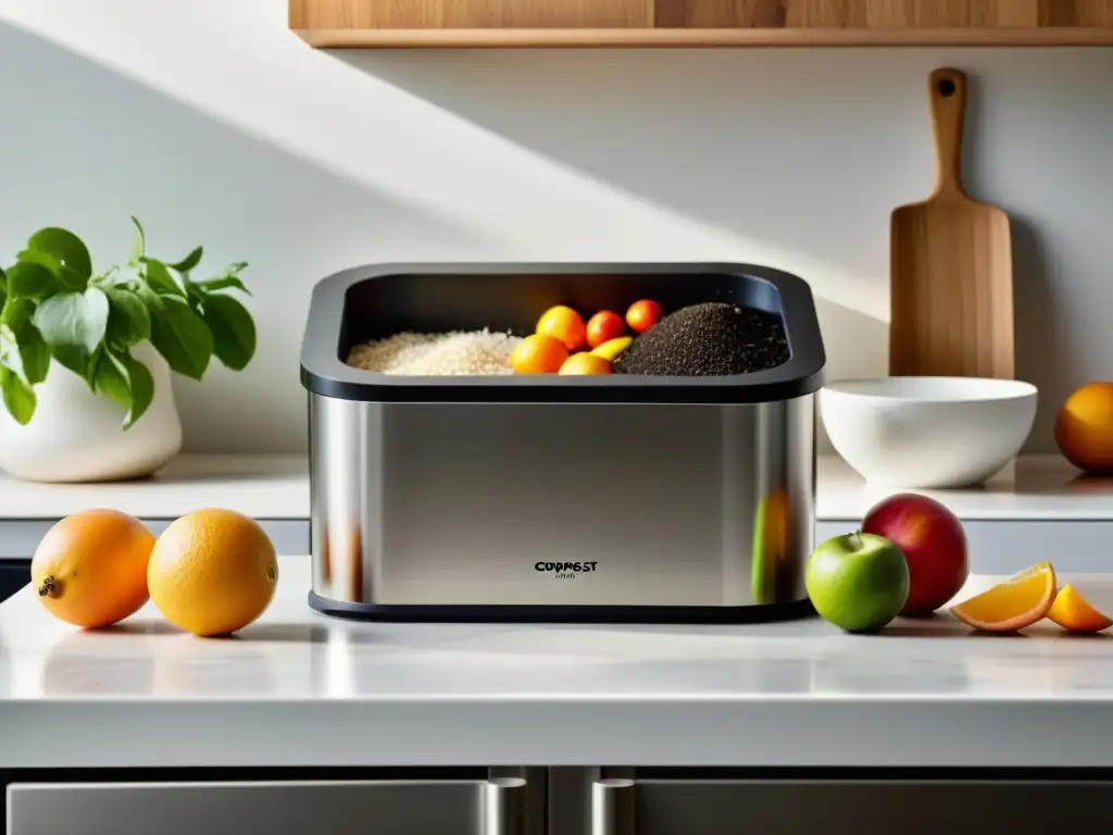 Contenedor de compost moderno en cocina Un elegante contenedor de compostaje de acero inoxidable en una cocina, rodeado de residuos orgánicos
