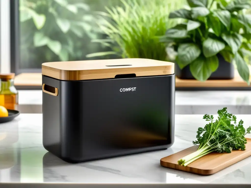 Contenedor de compost de cocina moderno en acabado negro mate Un elegante contenedor de compostaje en la cocina, con un acabado negro mate y tapa de bambú
