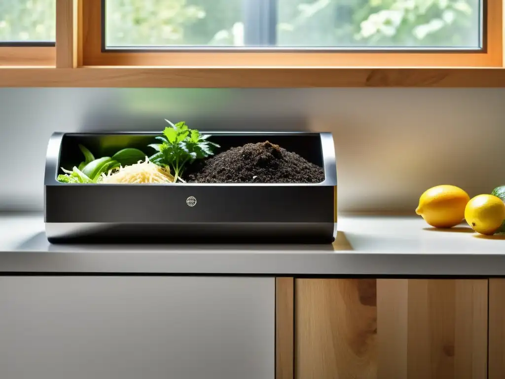 Contenedor de compostaje elegante en cocina moderna Un elegante contenedor de compostaje en una cocina moderna