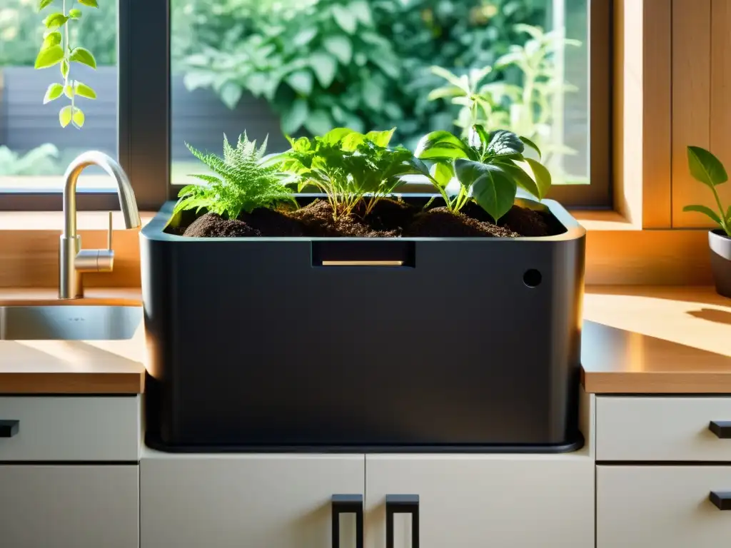 Un elegante contenedor de compostaje en una cocina soleada, rodeado de plantas verdes