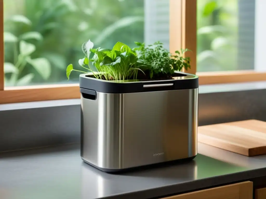 Un elegante contenedor de compostaje para cocina en un apartamento, con tecnología antiolor y diseño eficiente, junto a un jardín de hierbas