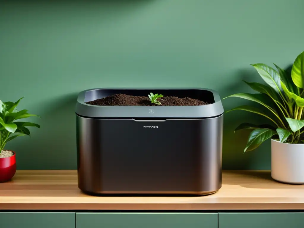 Un elegante contenedor de compostaje en una cocina luminosa, con plantas verdes vibrantes y monitorización digital integrada